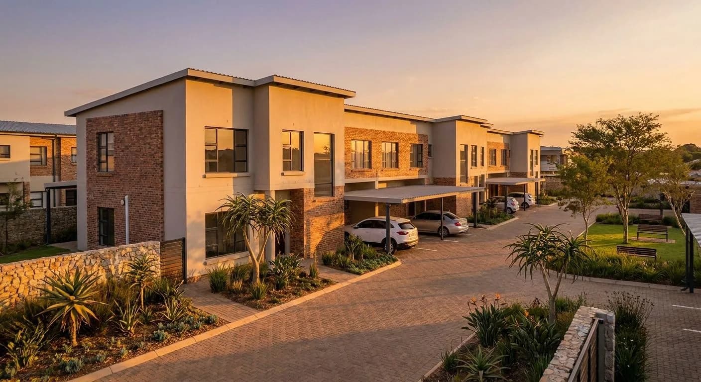 A newly completed South African sectional title townhouse complex at golden hour with neat landscaping and modern facebrick walls