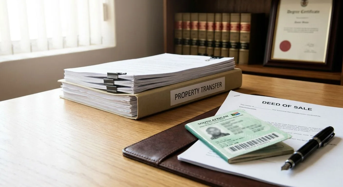 South African property transfer documents and deed of sale on a conveyancer's desk