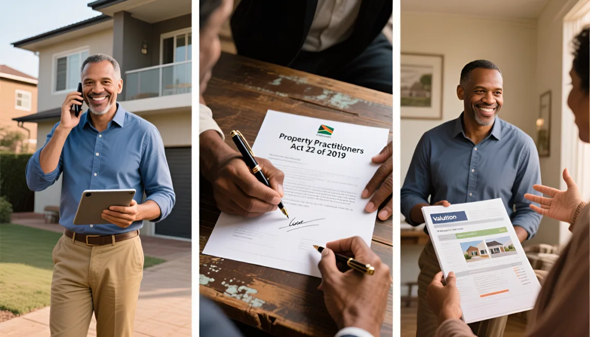 A 3-panel triptych image highlighting the role of a real estate agent managing a subject to sale property transaction under South African law. The left panel shows a smiling male agent in a blue shirt standing outside a residential home, talking on a smartphone while holding a digital tablet. The center panel is a close-up of hands signing a legal contract explicitly titled "Property Practitioners Act 22 of 2019" on a rustic wooden table. The right panel shows the same agent presenting a formal "Valuation" document with property photos to a client, ensuring a realistic market price is set to protect the transaction chain.