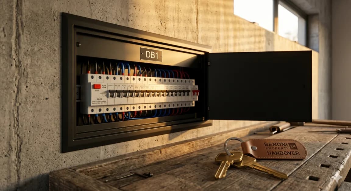 A close-up of a neatly organized modern distribution board illuminated by golden light, illustrating a successful inspection for an electrical certificate of compliance.