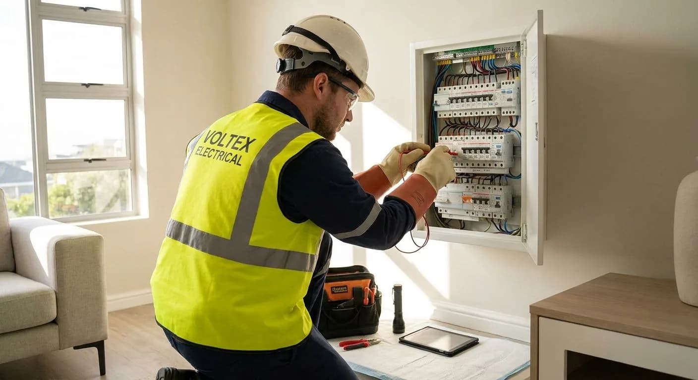 A licensed South African electrician in safety workwear inspecting a residential distribution board inside a modern home with afternoon light through a window