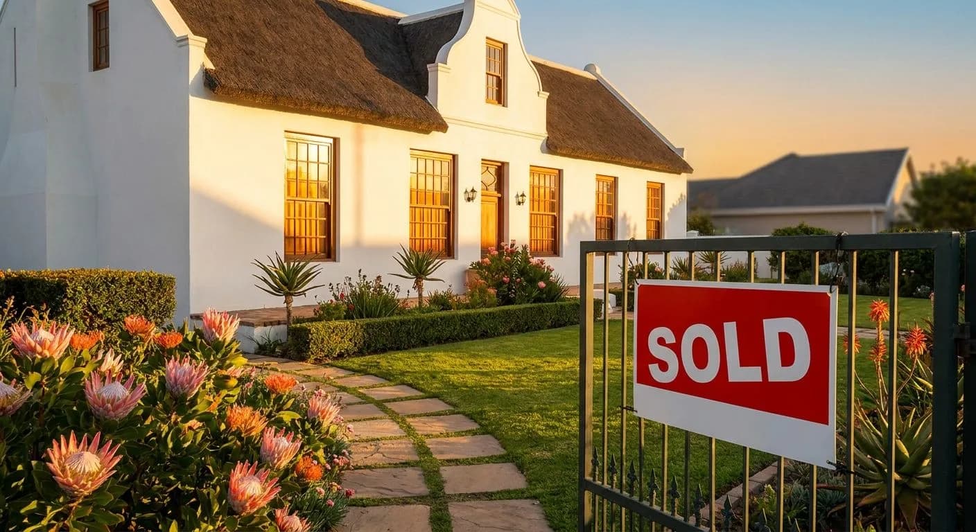 A South African family home at golden hour with a SOLD sign on the garden gate, Cape Dutch gabled facade, manicured garden with proteas