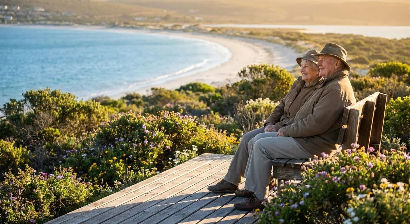 Retired couple relaxing on a deck overlooking Langebaan Lagoon at golden hour