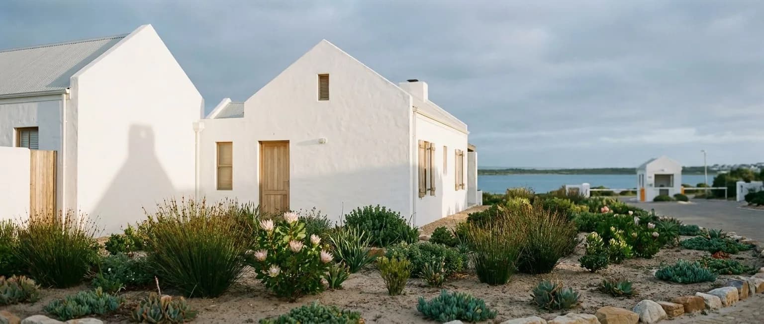 Whitewashed Cape-style holiday home on the West Coast with fynbos garden and Langebaan Lagoon in the background