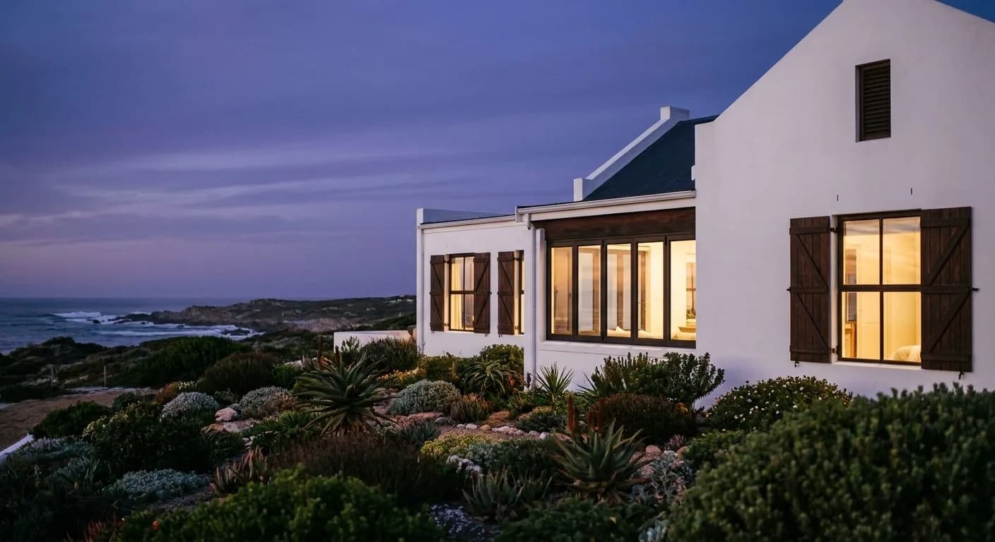 Well-presented West Coast home exterior at dusk with warm interior lights and coastal fynbos garden