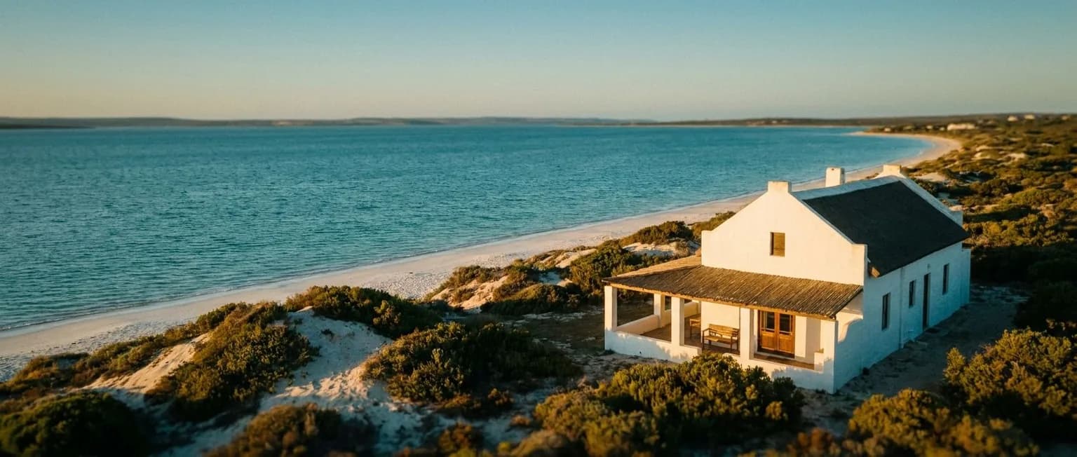 Langebaan Lagoon at golden hour with whitewashed Cape-style cottage and fynbos dunes on the West Coast
