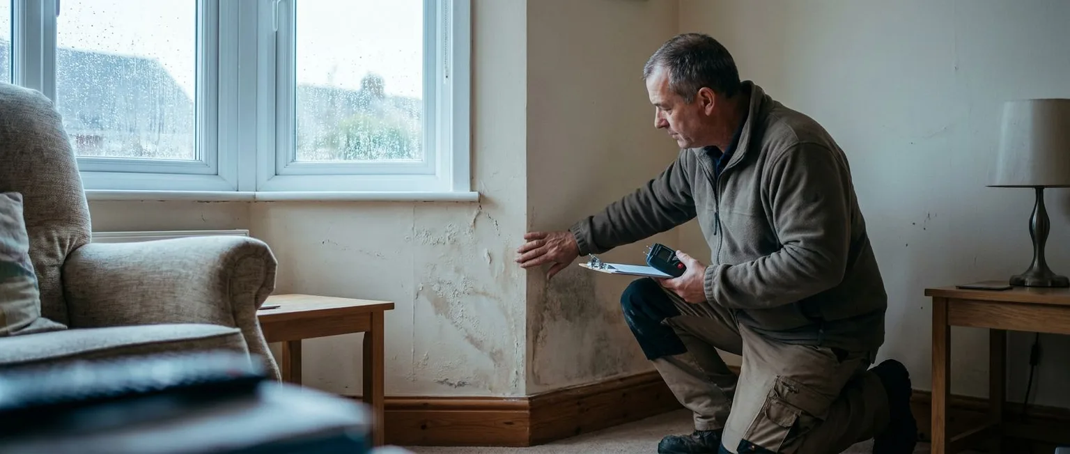Property inspector examining an interior wall for hidden defects in a South African suburban home