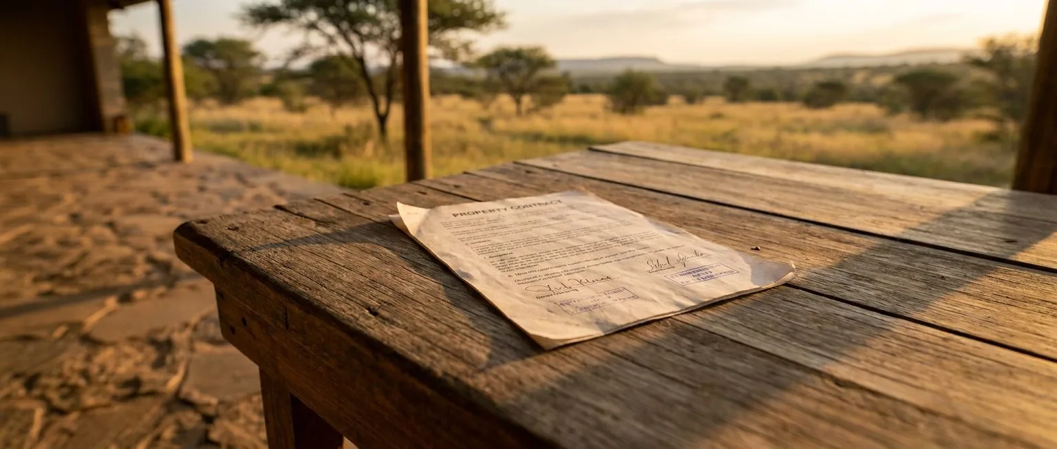 Signed property contract document on a wooden stoep table with Highveld bushveld and golden grass plains in the background