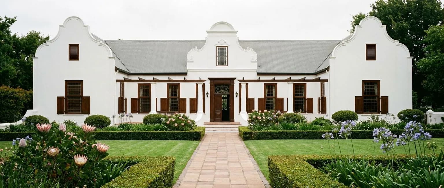 Cape Dutch homestead exterior with manicured garden and whitewashed walls in the Western Cape, soft overcast morning light