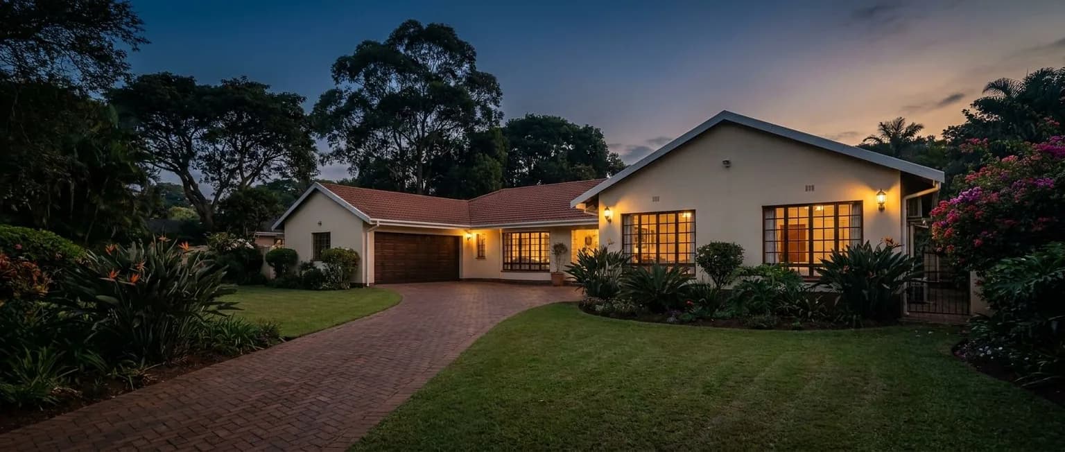 Neat freestanding South African residential home with subtropical garden in KwaZulu-Natal at blue-hour dusk