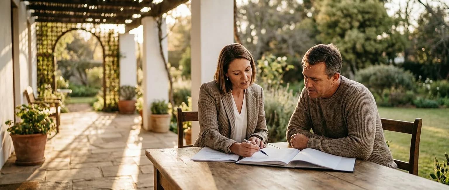Estate agent reviewing a property mandate with a homeowner on the stoep of a Cape Dutch home, East Rand Gauteng, warm golden-hour light