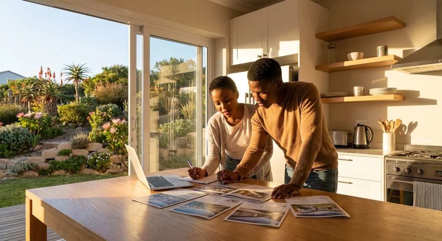 A young South African couple reviewing property listing documents at a sunlit kitchen table, indigenous garden visible through large glass doors