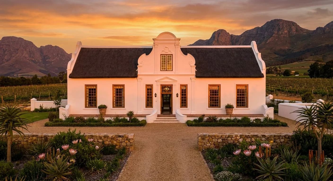 A luxury Cape Dutch gabled estate home in the South African Winelands at sunset, vineyards and mountains in the background