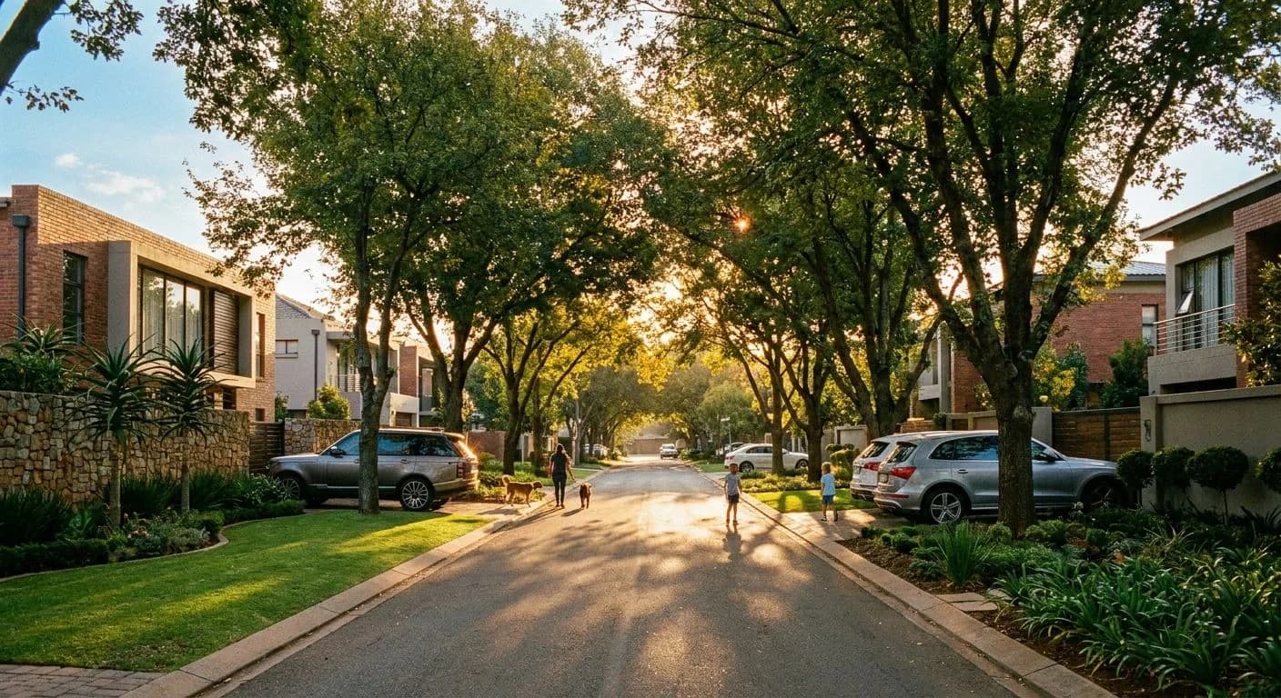 An upmarket Johannesburg residential street at golden hour, modern facebrick homes with mature trees lining the quiet road