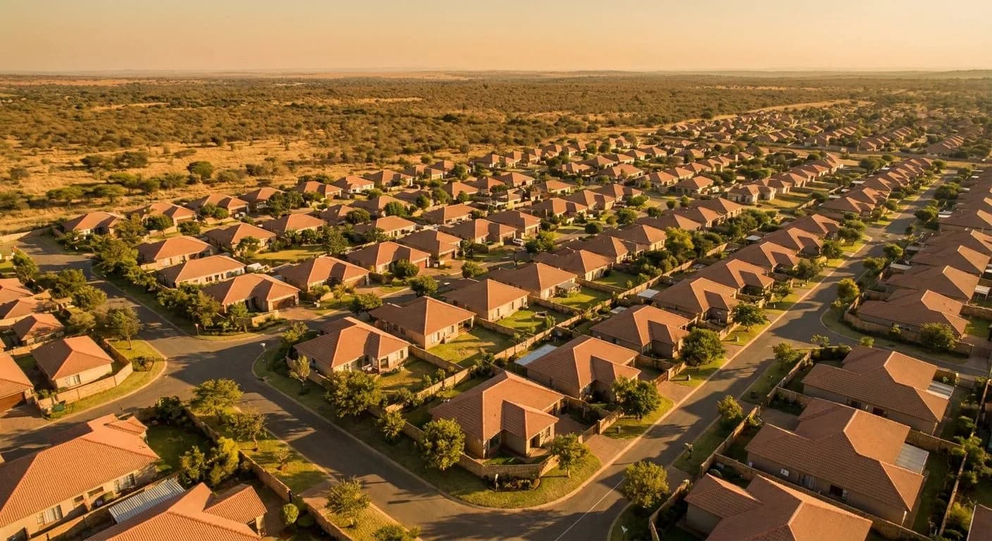 Aerial view of a South African suburban neighbourhood at golden hour, terracotta rooftiles and tree-lined streets with bushveld on the horizon