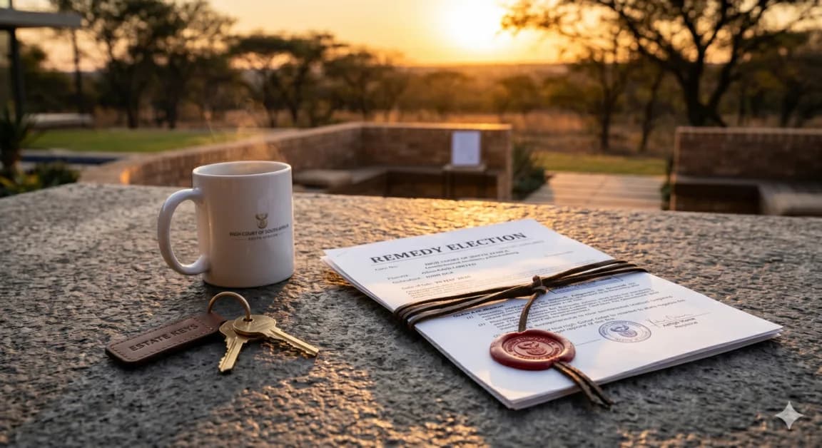 A close-up of a signed legal contract and property keys on a stone table in deep golden light, representing a secure resolution to specific performance vs cancellation disputes.
