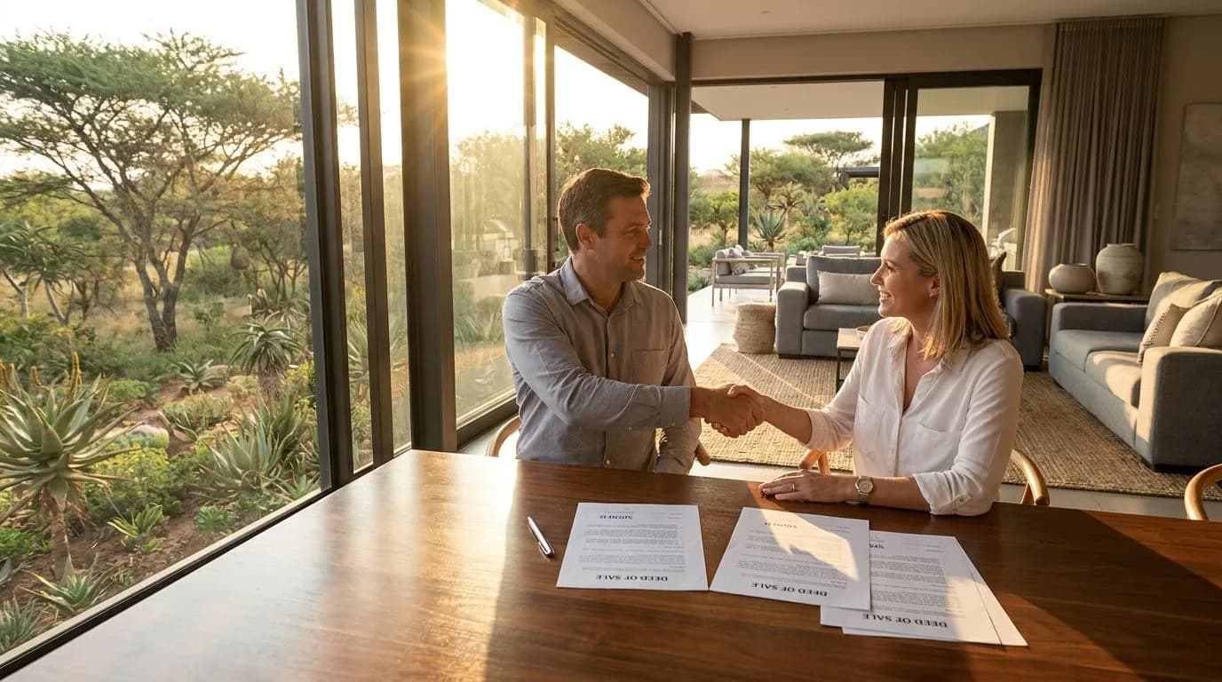 A buyer and seller shaking hands across a table with signed property documents, warm golden light, modern South African interior with bushveld garden.