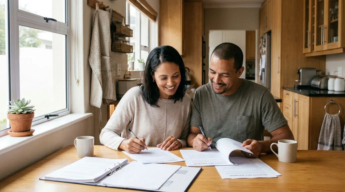 A South African couple seated together reviewing and signing property documents at a kitchen table, soft natural morning light, neat suburban interior.