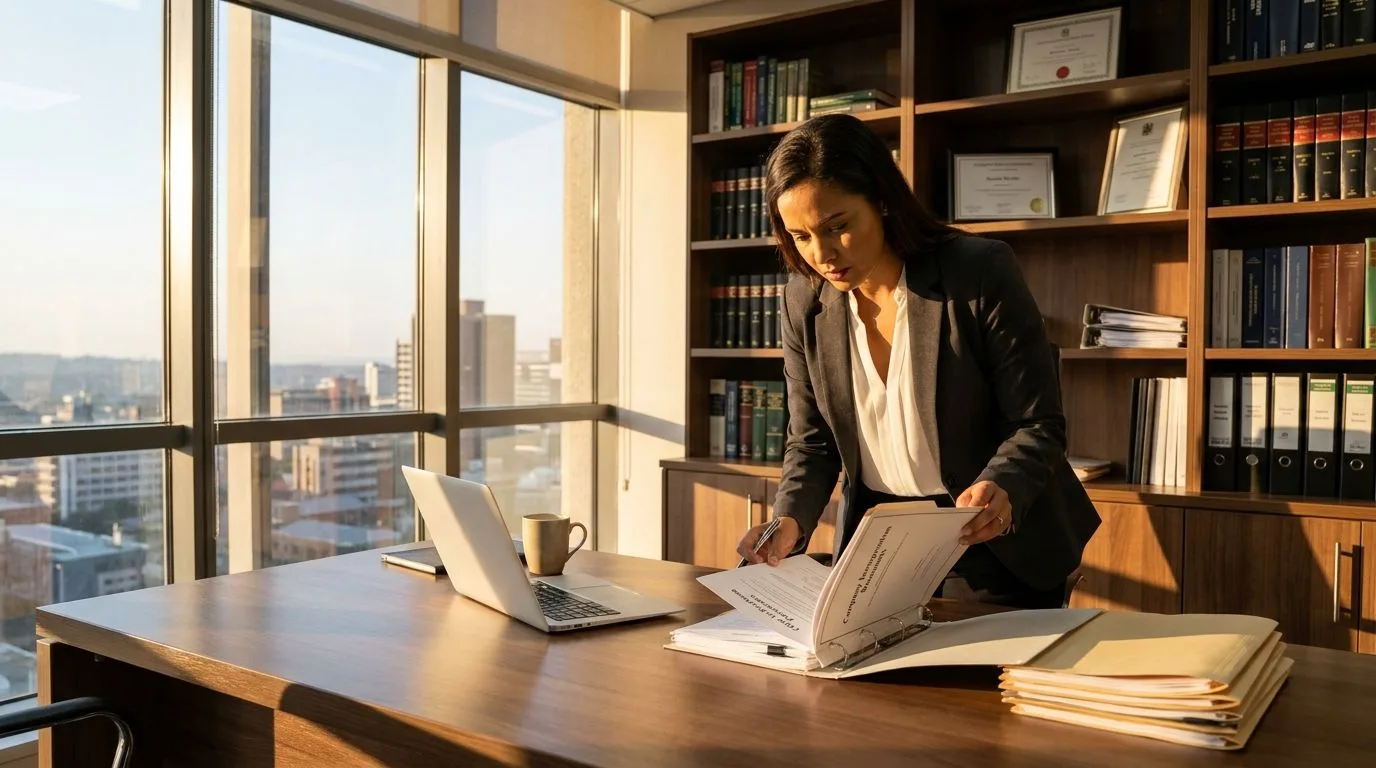 A South African conveyancer reviewing company incorporation documents and an Offer to Purchase at a desk, professional office setting, late afternoon golden light.