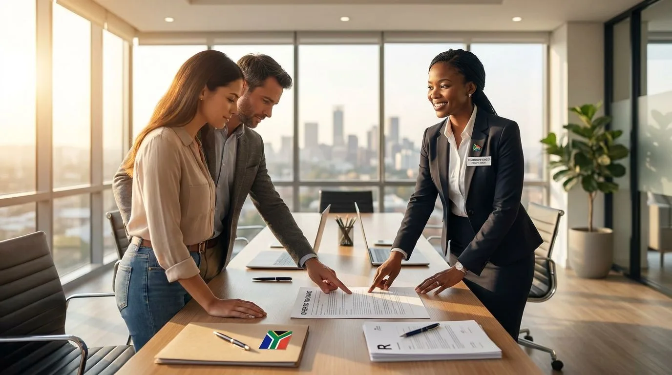 A South African estate agent presenting an Offer to Purchase to a buyer and seller at a table in a bright modern office.