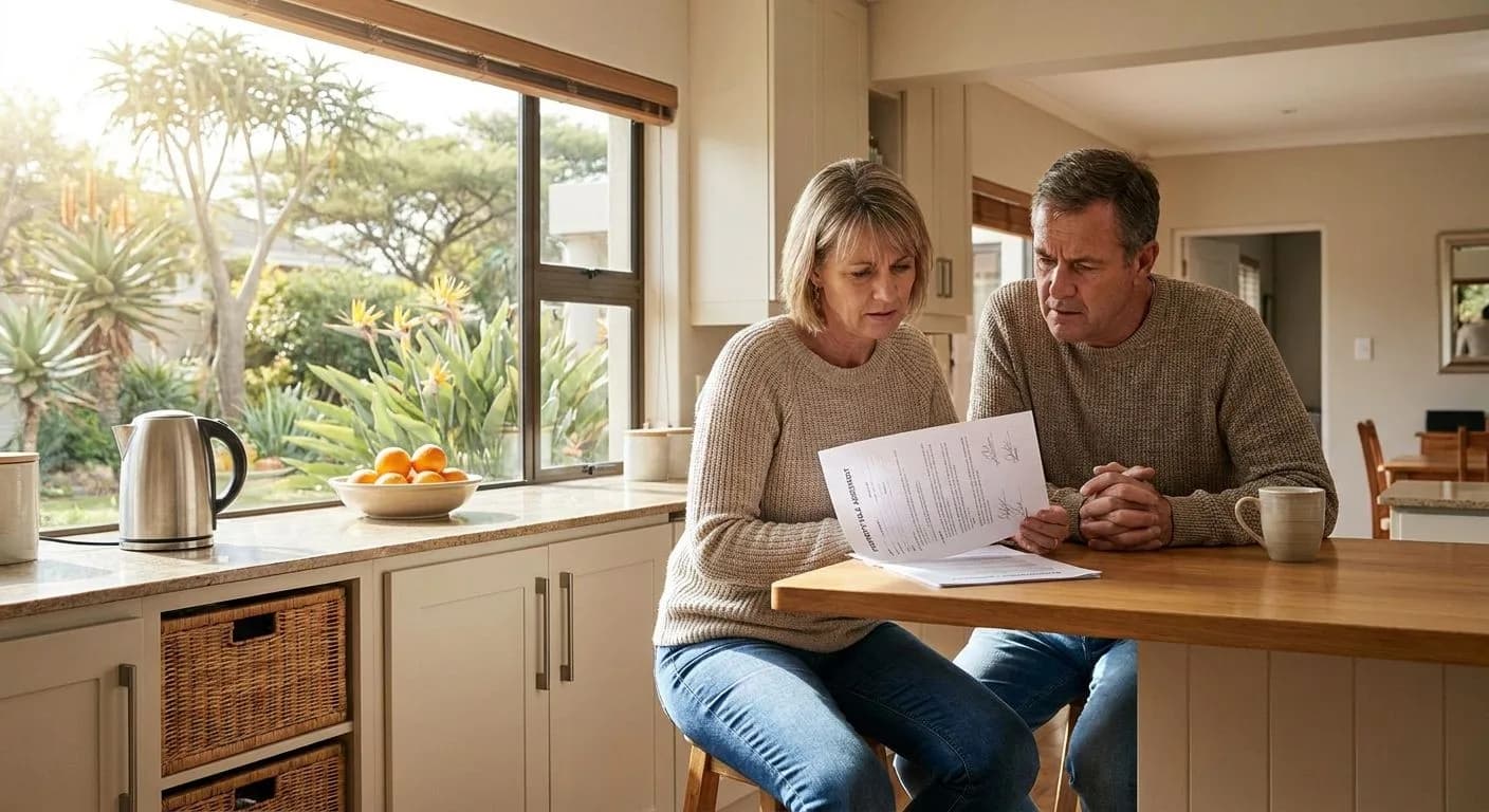 A South African couple sitting at a kitchen table looking at a signed property sale agreement with concerned expressions, warm residential interior with an indigenous garden visible outside