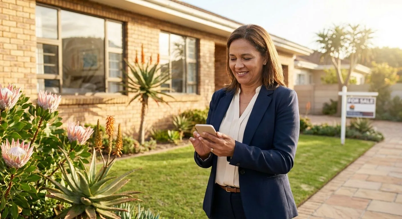 A South African estate agent talking on a mobile phone outside a suburban property, golden morning light, neat garden with proteas and aloes
