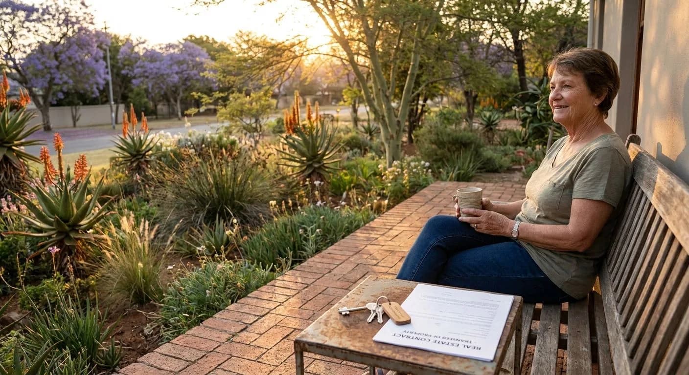 A South African homeowner sitting on a brick stoep at golden hour with property keys and a real estate contract on the table, looking out over a bushveld garden with jacaranda trees