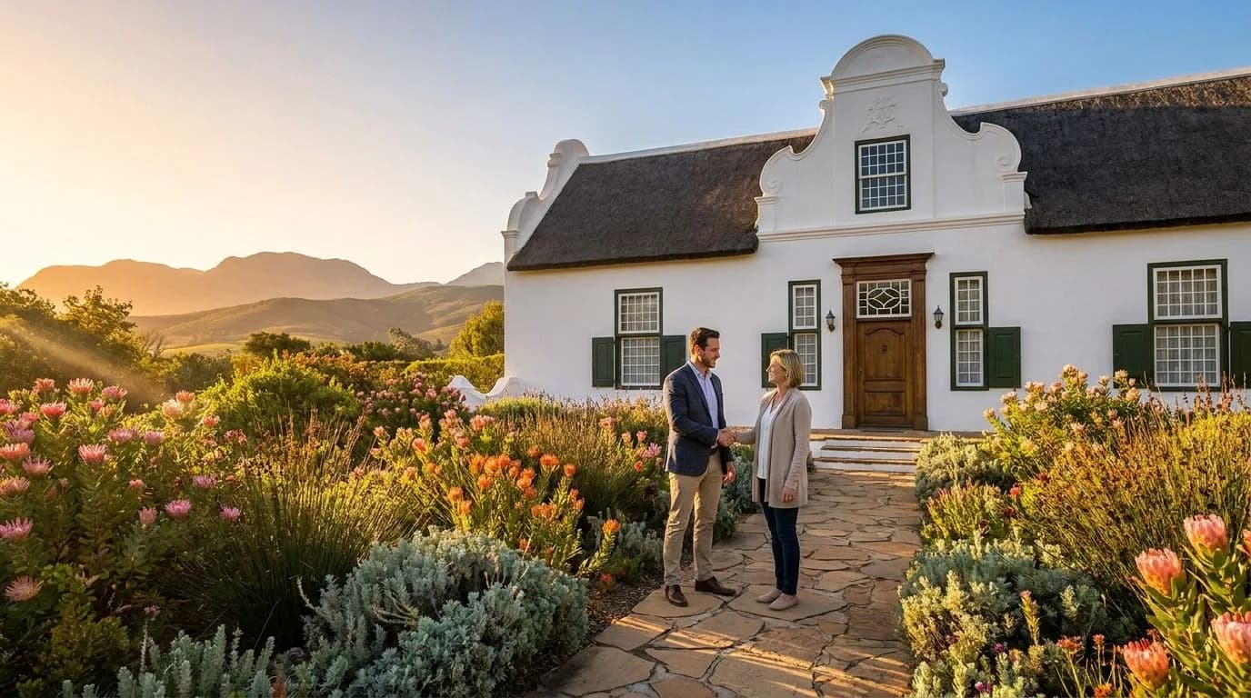 A South African estate agent and property seller shaking hands outside a Cape Dutch home at golden hour, fynbos garden in the background
