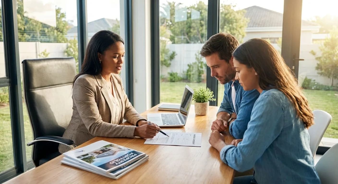 Estate agent reviewing a sole mandate agreement with a seller in a South African home office