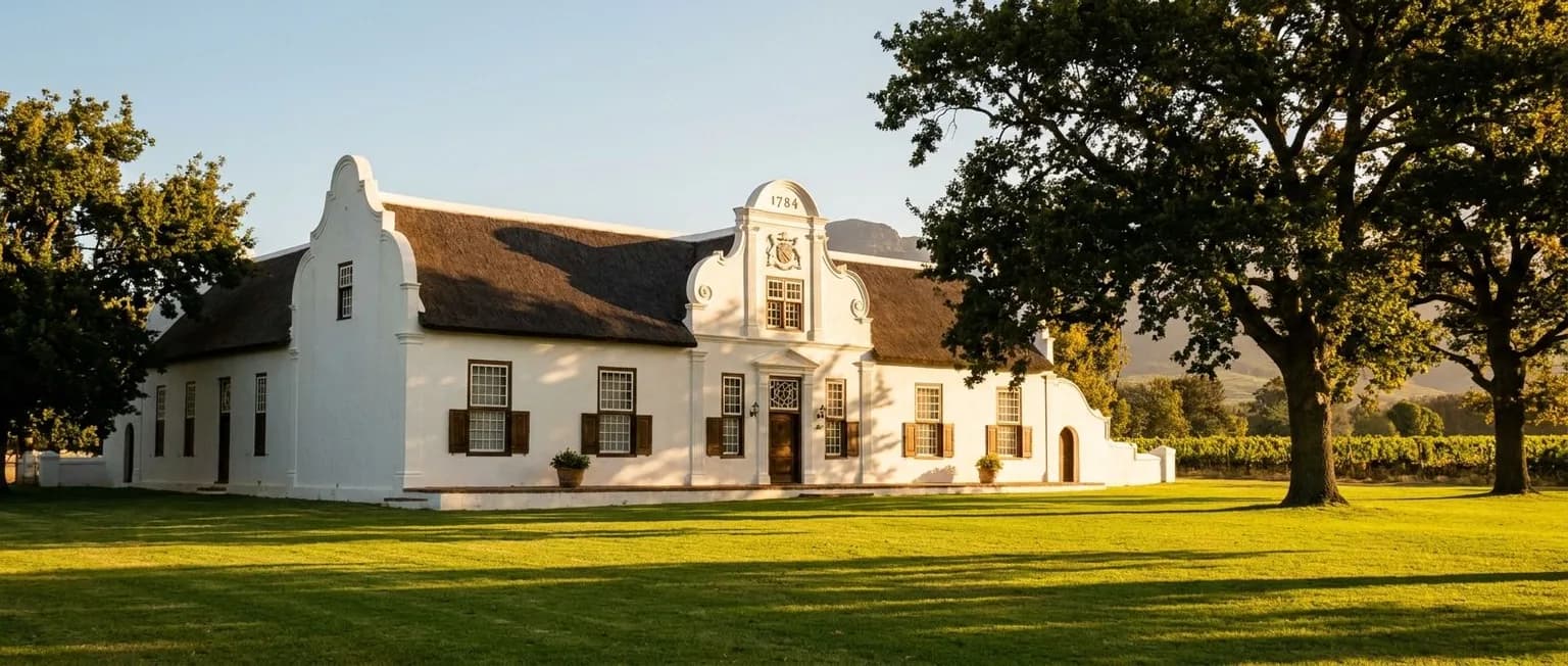 Cape Dutch homestead with whitewashed walls and manicured lawn at golden hour, South Africa