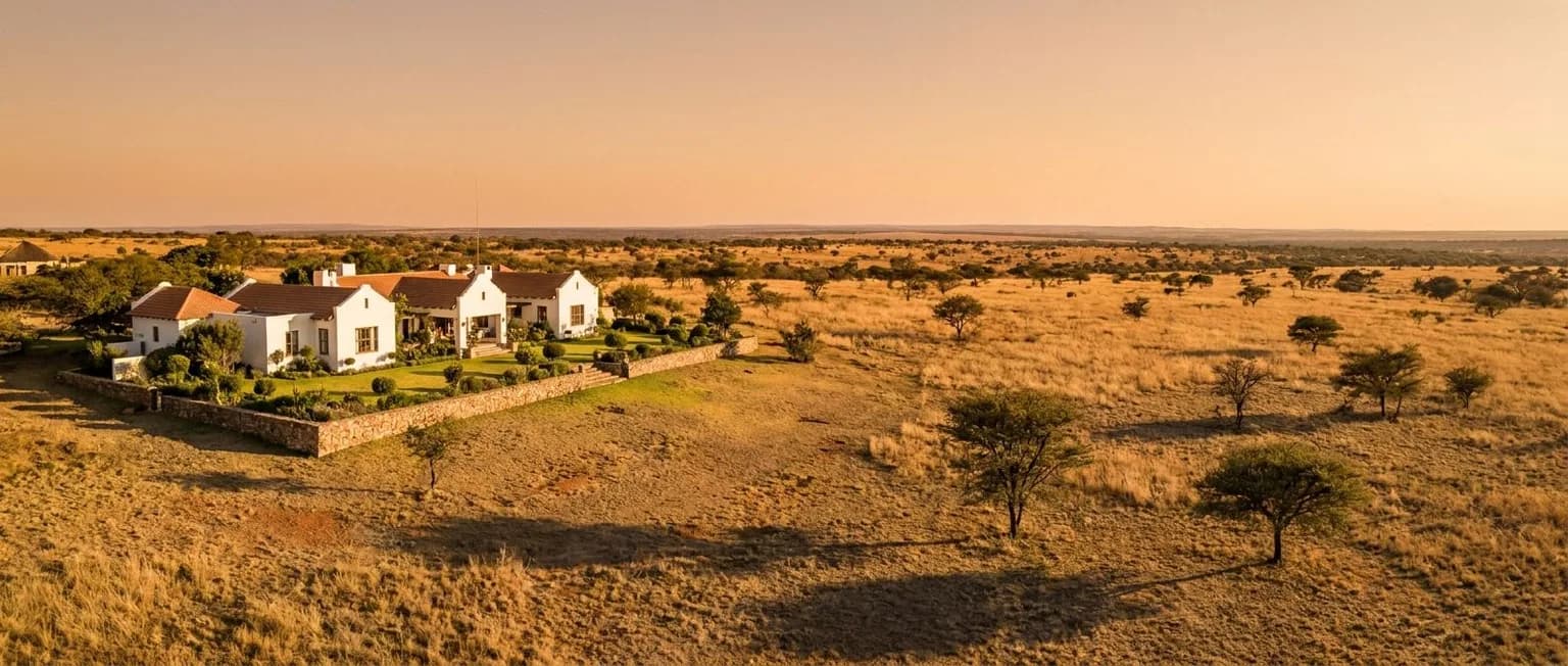 South African bushveld estate house with golden savanna grassland and acacia trees at sunset