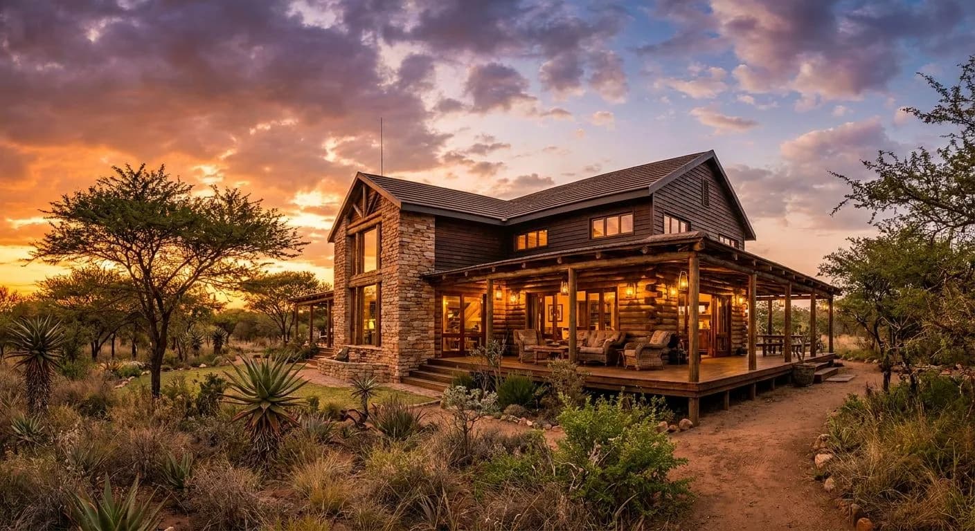 Lodge-style South African home with wraparound veranda and bushveld garden at golden hour