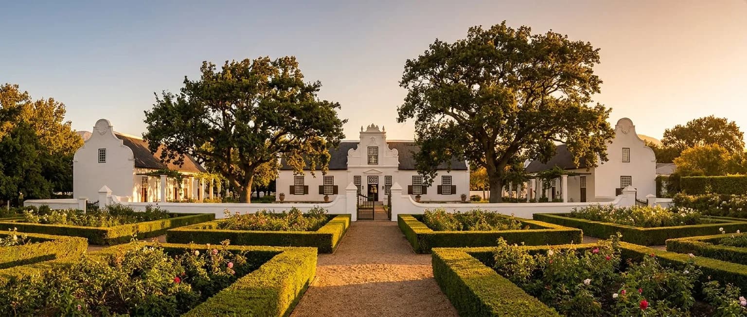 Cape Dutch residential home at golden hour with formal garden and mature trees, South Africa