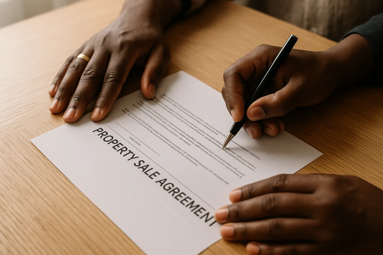 Two people in the process of signing a printed property sale agreement on a wooden table, one holding a pen and the other steadying the document.