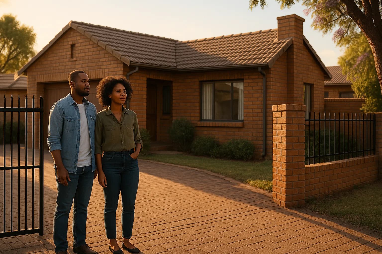 A South African couple standing at the front gate of a residential property in warm late-afternoon sunlight, appearing to inspect the home as prospective buyers.