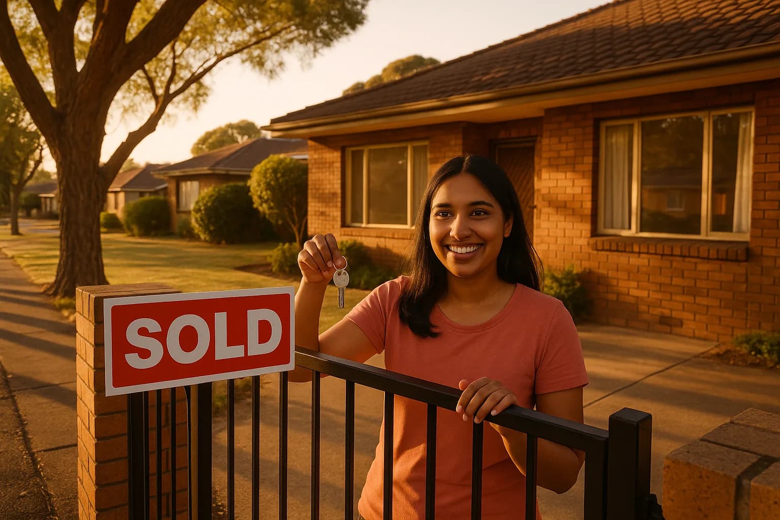A new homeowner holding house keys at the gate of a facebrick South African home with a sold sign.