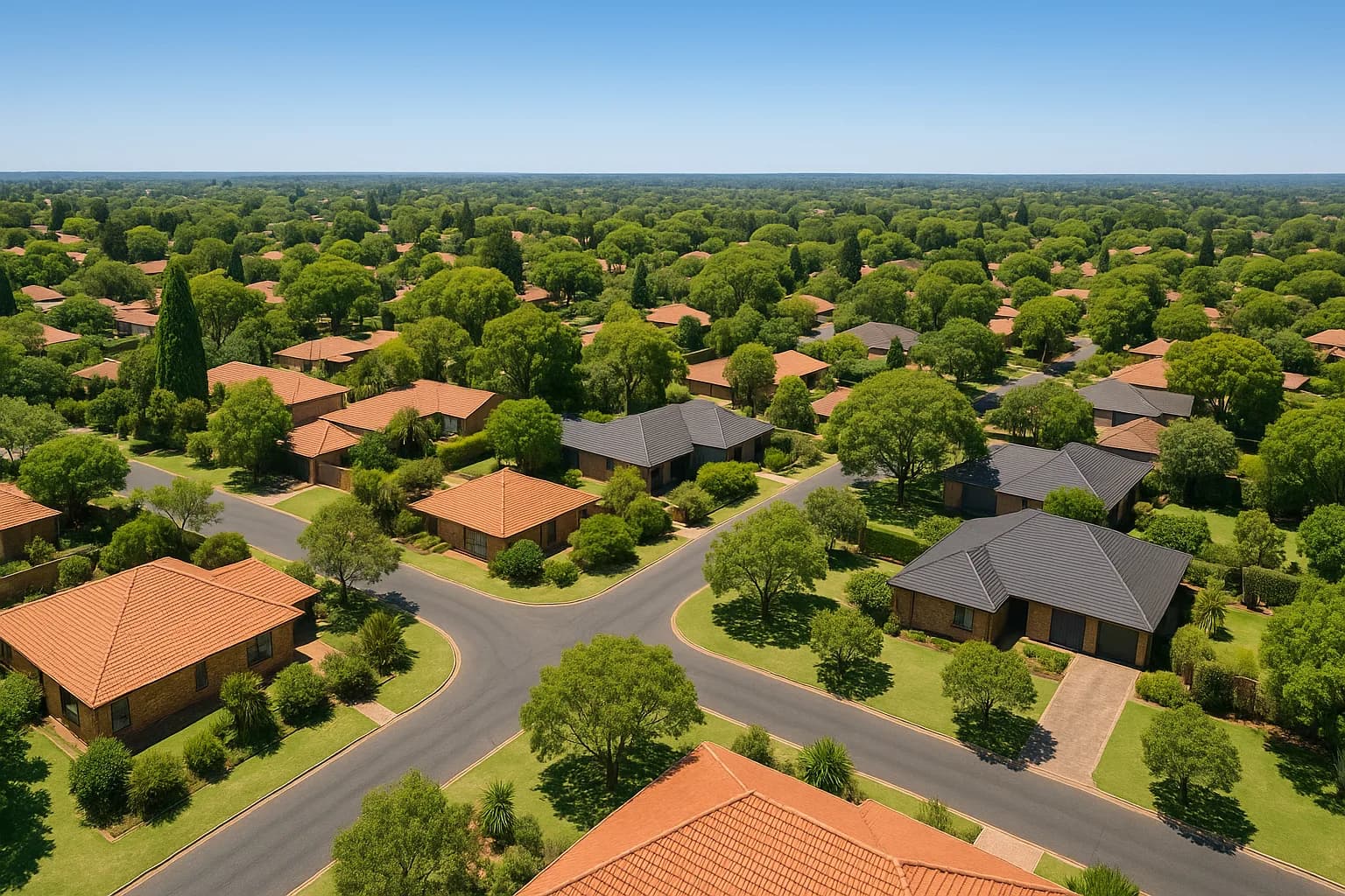 Aerial view of a leafy South African suburb illustrating how the Deeds Registries Act governs property ownership across residential neighbourhoods.