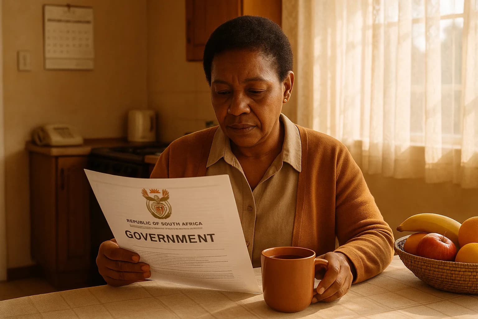 A South African woman reading a printed legal document at her kitchen table in a modest suburban home with morning light coming through the window.