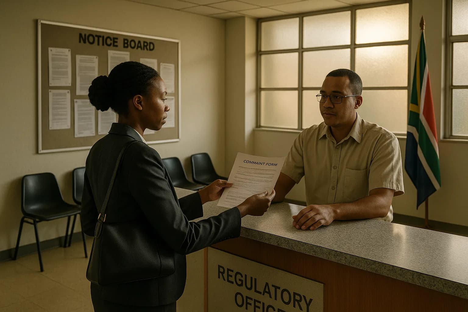 A woman submitting a written complaint form at the reception counter of a South African regulatory office with a waiting area visible behind her.