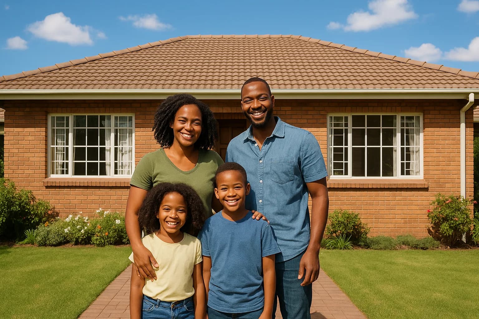A happy young South African family stands in front of their Highveld face-brick home, benefiting from property finance protections under the National Credit Act.