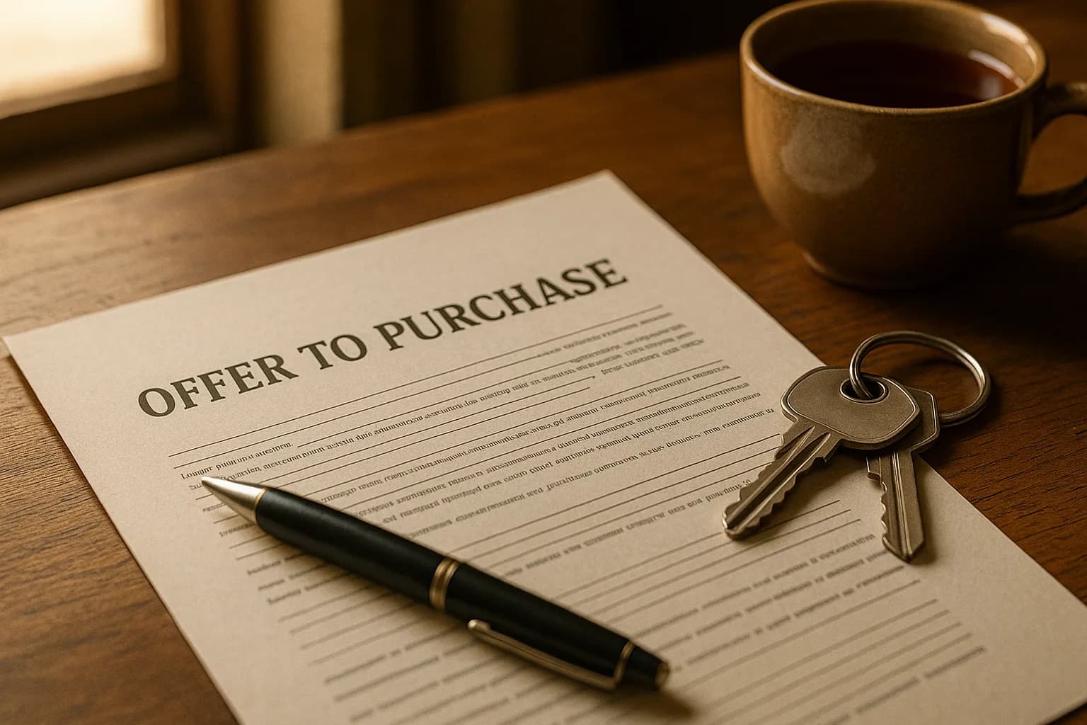 A conveyancer's desk with a printed property sale agreement, a pen, and a set of house keys resting on the paperwork.