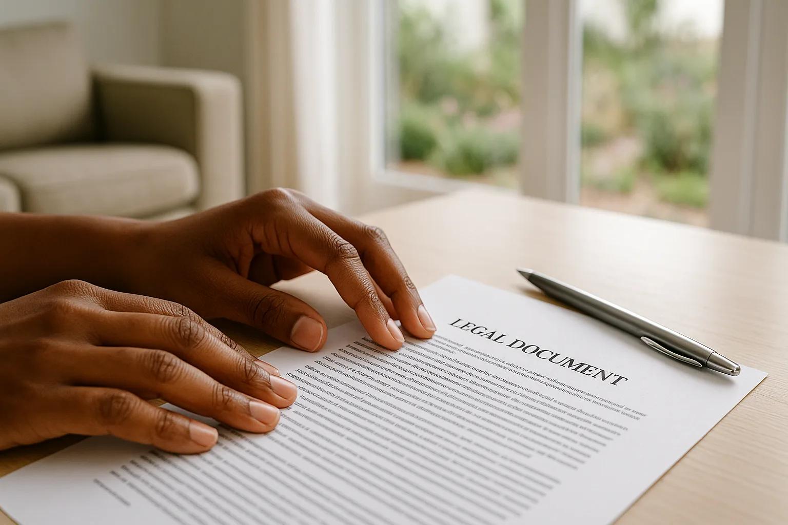 A woman's hands resting on a printed legal document on a wooden table, with a pen beside the page and a bright Cape fynbos garden visible through glass doors behind her.