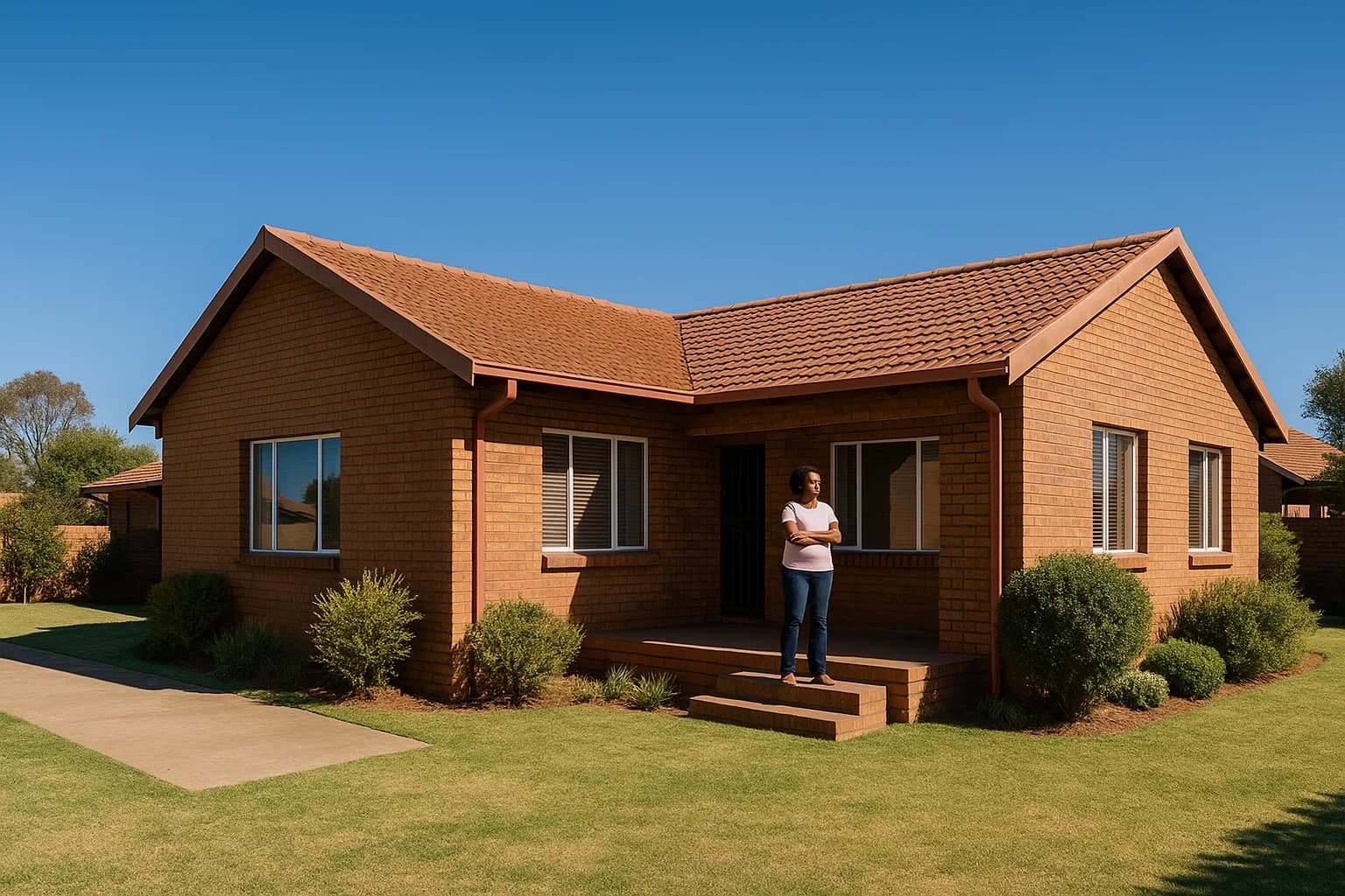 A middle-aged South African woman stands on the front stoep of a neat face-brick suburban home on a clear Highveld day, looking out over the garden.