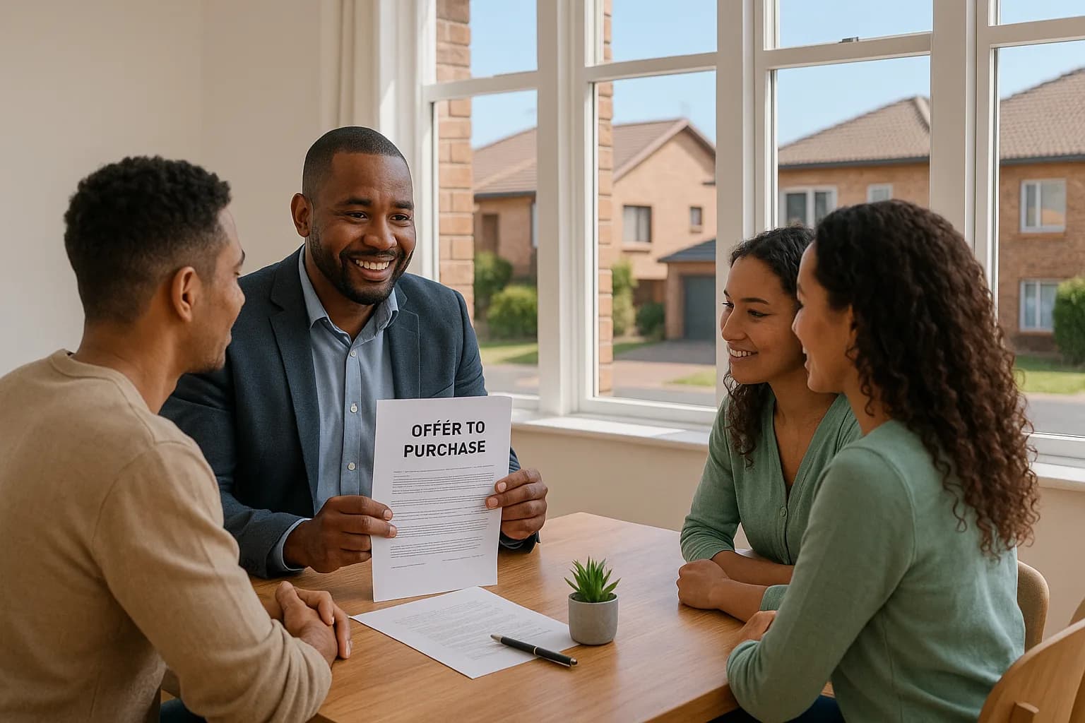 A South African estate agent explains the bond suspensive clause in an offer to purchase document to a young couple at a sunlit office desk.