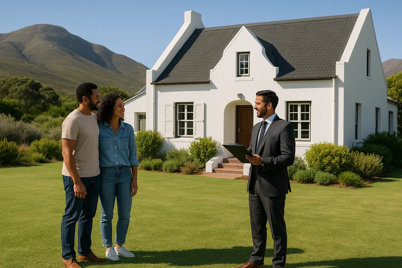 A couple speaking with an estate agent outside a whitewashed Cape home with fynbos and mountains in the background.
