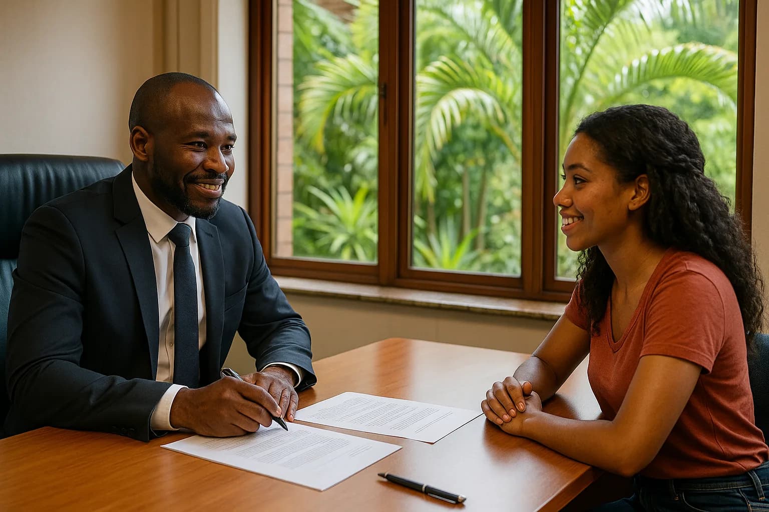 A conveyancer and a property buyer discussing paperwork in a bright attorney's office with lush subtropical greenery outside the window.