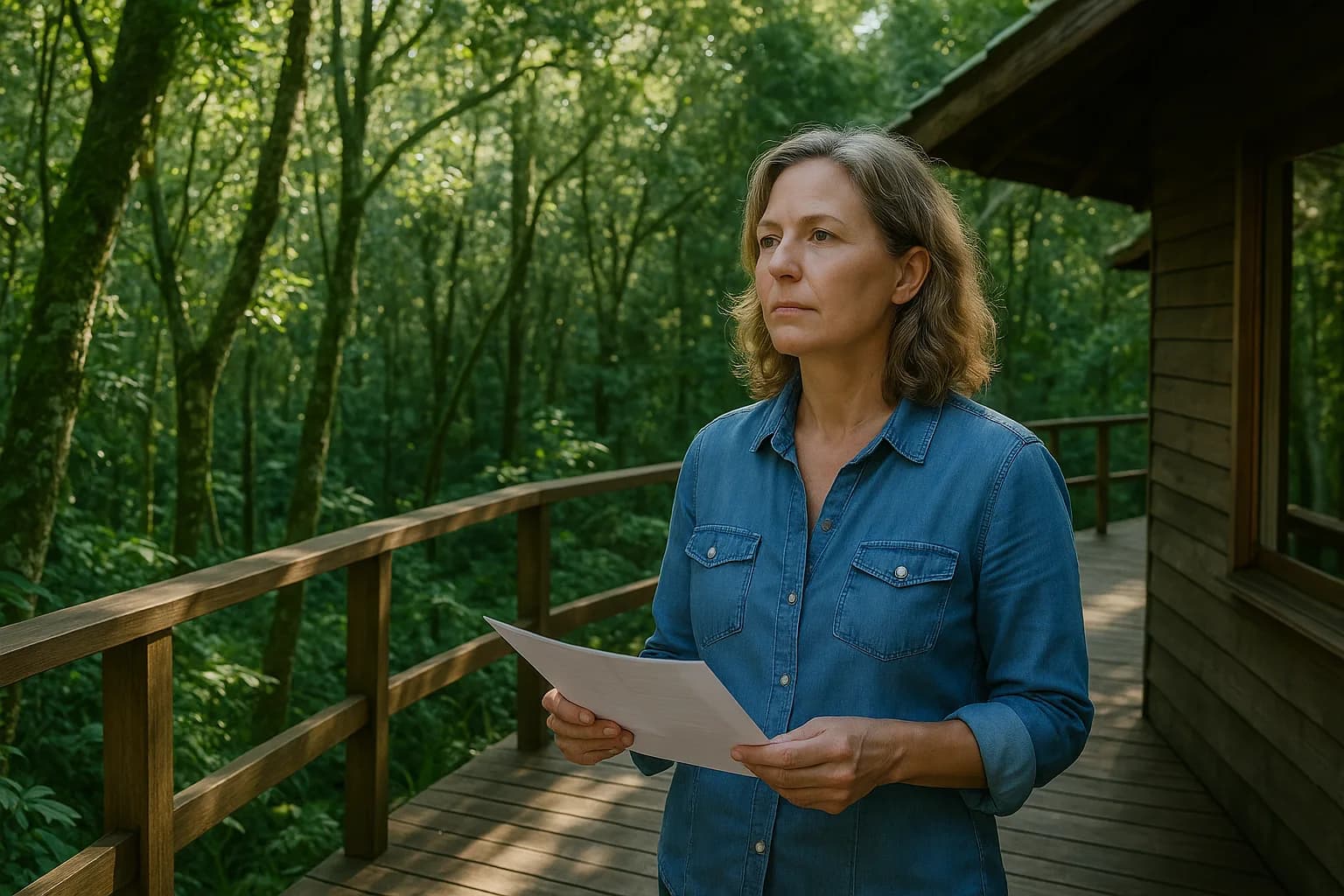 A woman standing on a timber deck of a forest cottage in the Garden Route, holding a document and looking thoughtfully into the distance.