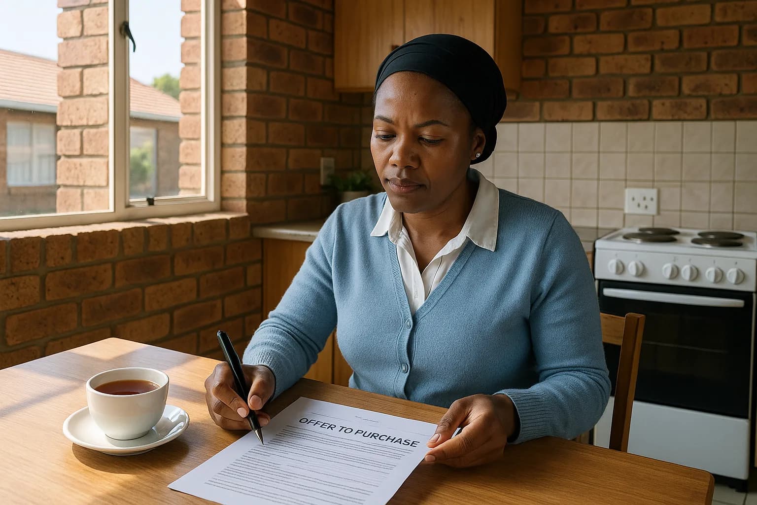 A South African home buyer carefully reviewing an offer to purchase document to understand the cooling-off period before signing.