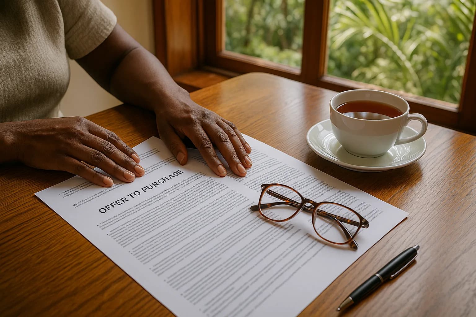 Close-up of a person's hands reviewing a detailed offer-to-purchase contract on a dining table with a lush garden visible through the window.