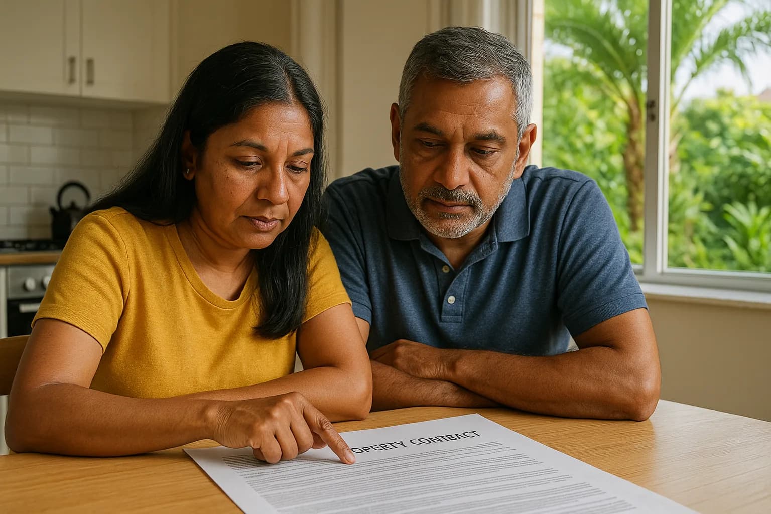 A couple reading a property contract together at a kitchen table in a bright Durban home with tropical greenery visible outside the window.